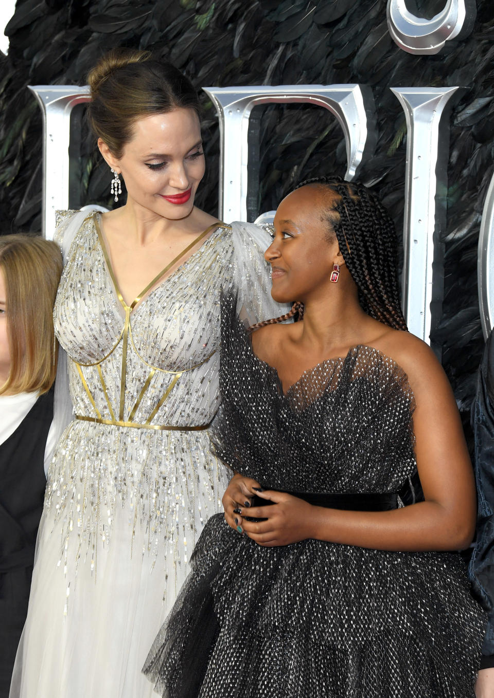 Angelina Jolie and Zahara Marley Jolie-Pitt attend the European premiere of "Maleficent: Mistress of Evil" at Odeon IMAX Waterloo on October 09, 2019, in London, England