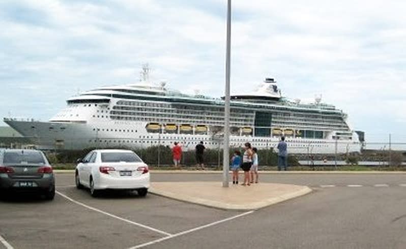 The cruise ship Radiance of the Seas is forced to dock close to the harbour at the Geraldton Port as Cyclone Owlyn approaches from the north.