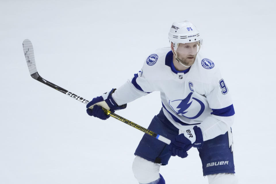 Tampa Bay Lightning's Steven Stamkos looks for a pass during the first period of an NHL hockey game against the Chicago Blackhawks Tuesday, Jan. 3, 2023, in Chicago. Stamkos comes into the game just two goals shy of his career 500th. (AP Photo/Charles Rex Arbogast)