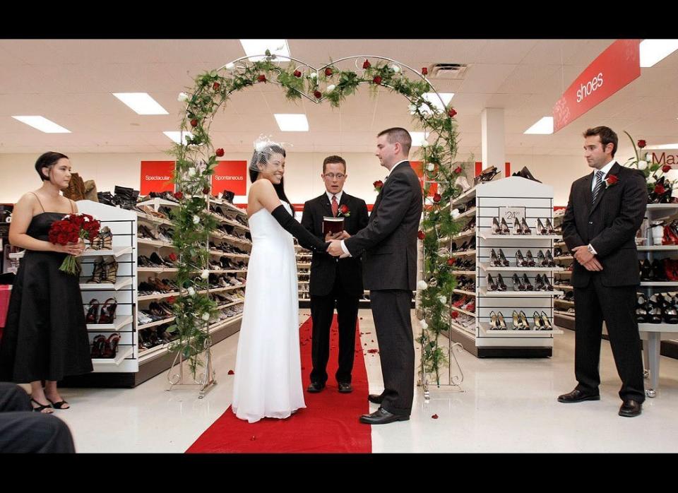 It's a woman's two favorite things in life: commitment and shoes. Lisa Satayut and Drew Ellis wed at the T.J. Maxx store in Mount Pleasant, Mich., on Aug. 3, 2010. The couple tied the knot in the shoe isle -- Satayut's self-professed "happy place" at her favorite discount retailer. 