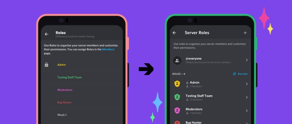 Comparison screenshot showing Discord's new Android interface.  The new UI more broadly aligns with its iOS counterpart thanks to Discord's move to React Native. 