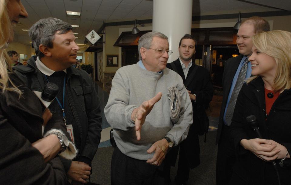 Jacksonville resident Donald C. Jones fields questions from the media on Jan. 16, 2009, after arriving to Jacksonville International Airport. Jones survived the "Miracle on the Hudson" plane crash a day earlier. All 155 aboard the US Airways flight made it out safely after the aircraft's engines lost power a few minutes into the flight from LaGuardia Airport after hitting a flock of geese.