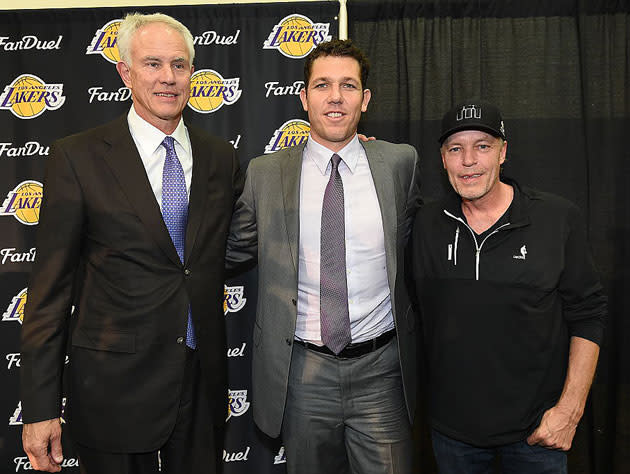 Mitch Kupchak, Luke Walton and Jim Buss stand uneasily. (Getty Images)