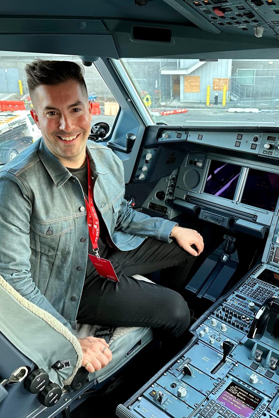 Dan Koday in cockpit of Virgin Atlantic airplane, " I was one of the first people to see Virgin Atlantic's newest aircraft that will fly between NYC and London."