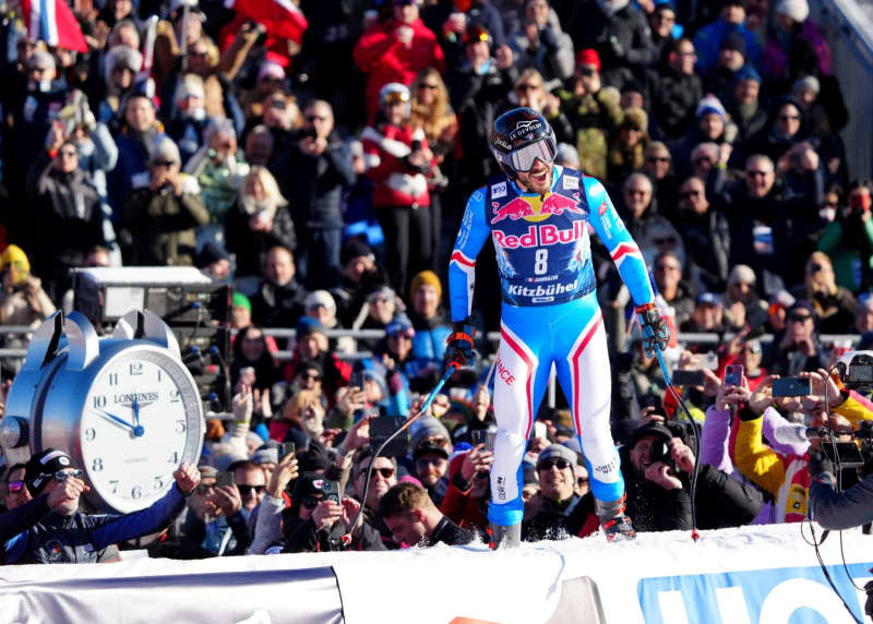 France's Cyprien Sarrazin reacts after his run in the Men's World Cup downhill in Kitzbuehel. Georg Hochmuth/APA/dpa