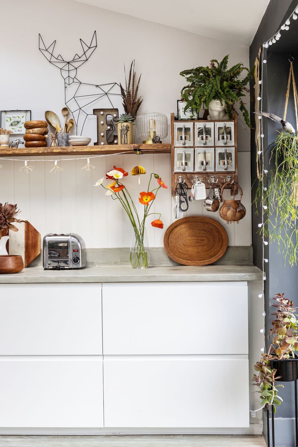 an old scaffold board and a wall hung unit provide useful display and storage space in the kitchen