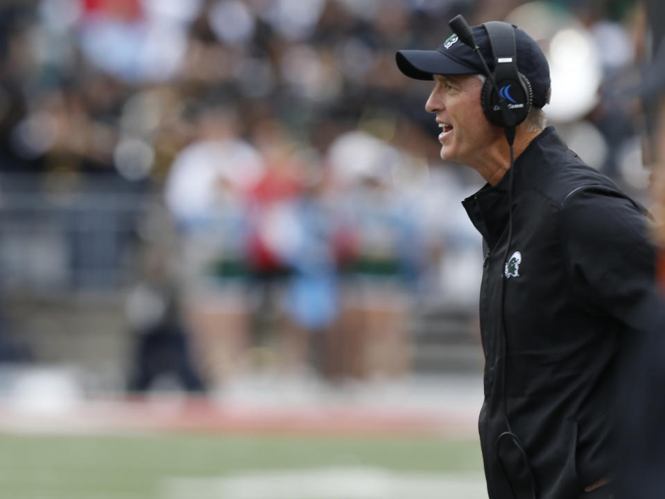 Tulane head coach Willie Fritz shouts to his team as they play against Ohio State during the first half of an NCAA college football game Saturday, Sept. 22, 2018, in Columbus, Ohio. (AP Photo/Jay LaPrete)