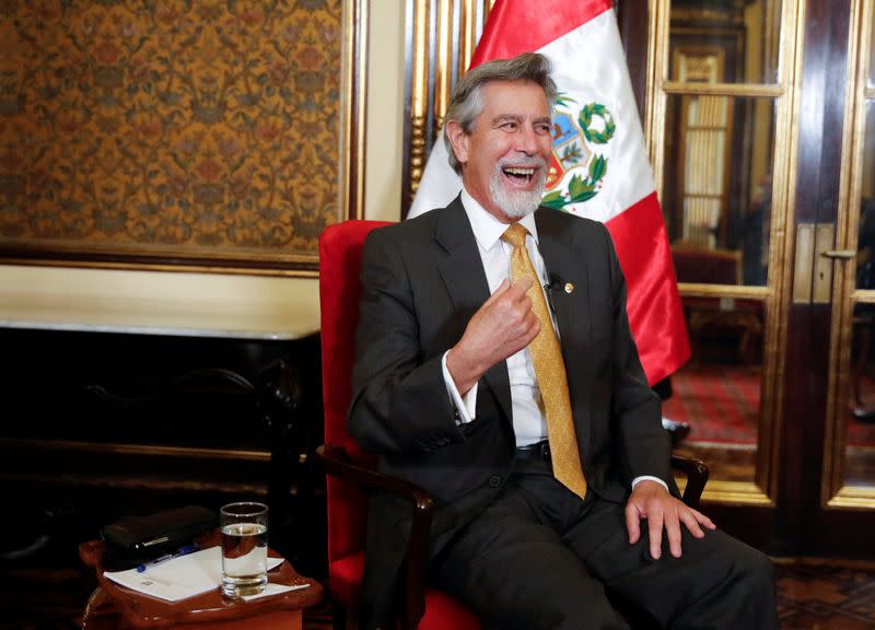 Peru's interim President Francisco Sagasti reacts during an interview with Reuters in Lima