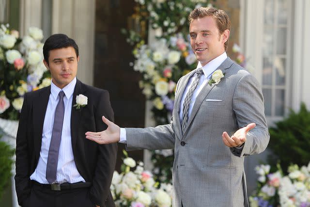 <p>Monty Brinton/CBS via Getty</p> Rafe Torres (Yani Gellman) and groom Billy Abbott (Billy Miller) at his wedding to Victoria Newman on 'The Young and the Restless'