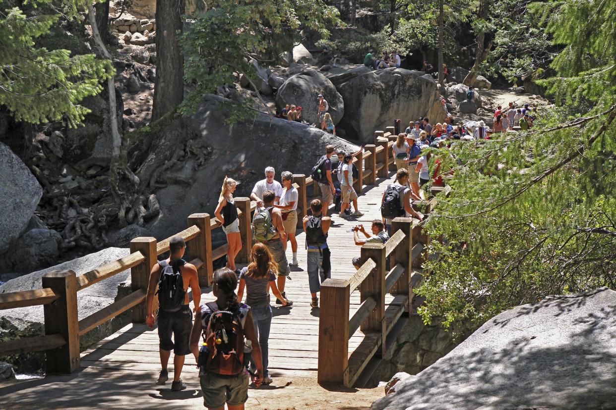 tourists on Vernal Falls Footbridge in Yosemite National Park