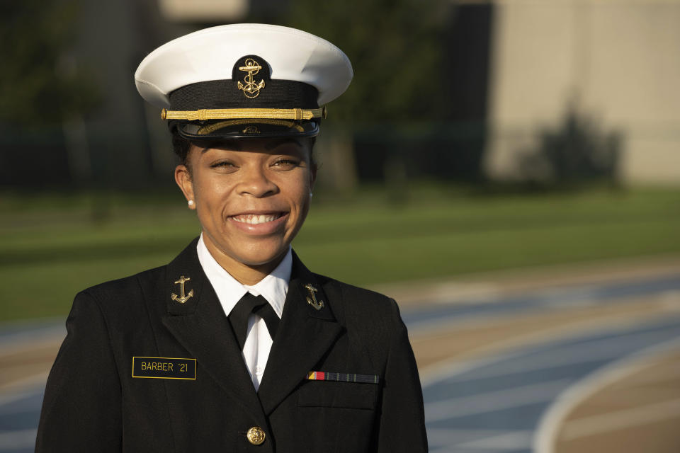 FILE - This undated photo provided by the U.S. Navy shows Midshipman 1st Class Sydney Barber, from Lake Forest, Ill. Barber has become the first Black woman selected for the U.S. Naval Academy's top student leadership position of brigade commander. She will assume her role next semester. (Petty Officer 2nd Class Nathan Burke/U.S. Navy via AP, File)