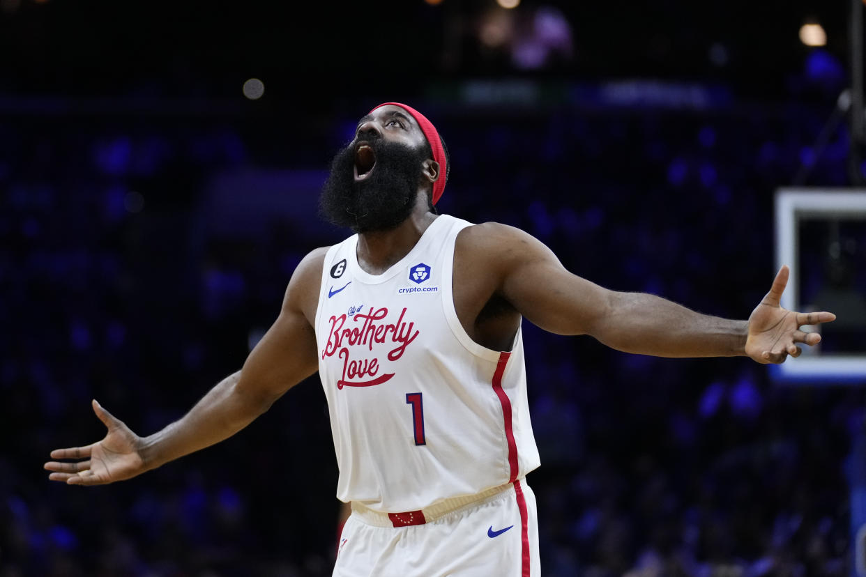 The NBA wants to know why James Harden is upset with the 76ers and Daryl Morey. (AP Photo/Matt Slocum)