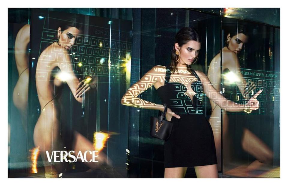 Kendall Jenner for Versace, nude and wearing a dress