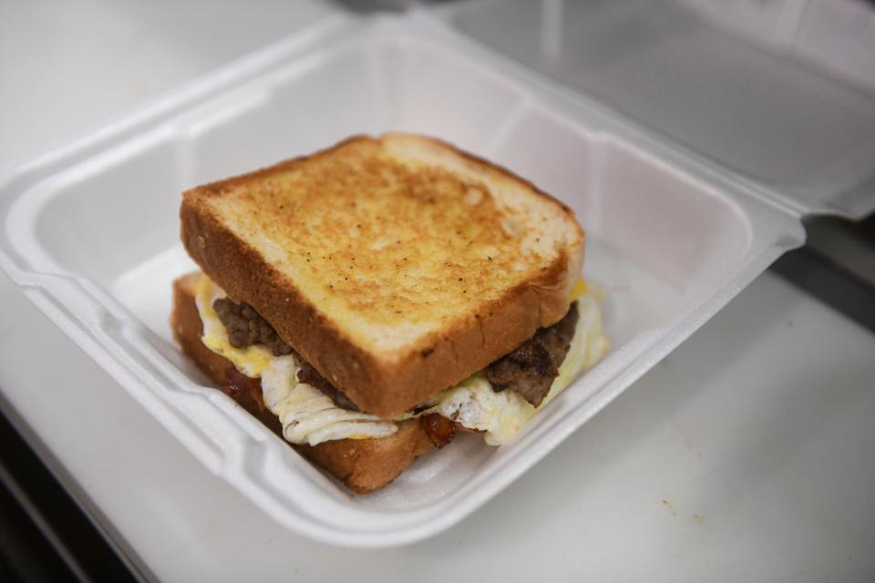 A Heart Attack breakfast sandwich at Deep South Cheese and Grill in Dearing, Ga., on Monday, Feb. 12, 2024. The Heart Attack has bacon, sausage, cheese, and an egg on two pieces of toast.