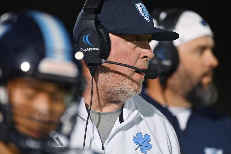 Bullard’s interim head coach Brandon Gilbert, center watches from the sidelines in a CMAC game against Madera Friday, Sept. 29, 2023 in Madera.