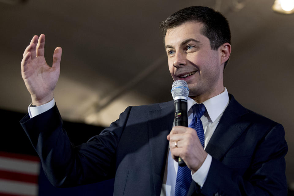 Democratic presidential candidate former South Bend, Ind., Mayor Pete Buttigieg speaks at a campaign stop at the Merrimack American Legion, Thursday, Feb. 6, 2020, in Merrimack, N.H. (AP Photo/Andrew Harnik)