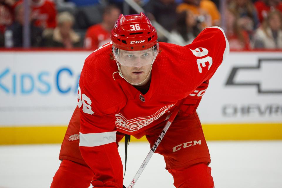 Detroit Red Wings right wing Christian Fischer (36) looks on during the second period against the Tampa Bay Lightning at Little Caesars Arena in Detroit on Sunday, Jan. 21, 2024.