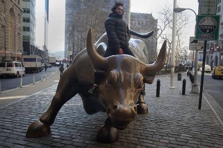 A tourist mounts the "Charging Bull" statue as he poses for a photo near Wall Street, in the Manhattan borough of New York January 16, 2015. REUTERS/Carlo Allegri