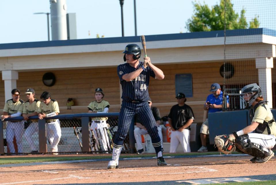 Central Catholic outfielder Braxton Thomas stands in the batter’s box just before hitting his 13th home run of the season in the first inning of the Sac-Joaquin Section Division III Championship game at Islander’s Park in Lathrop on Thursday, May 25, 2023. Central Catholic won the game 3-2 in extra innings.