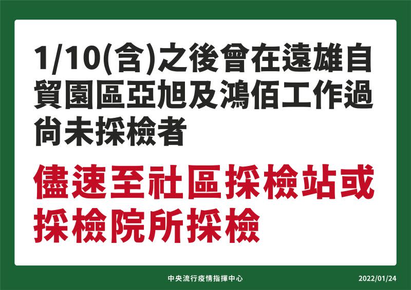 ▲指揮中心呼籲曾有相關足跡的民眾，儘速出來採檢。（圖／指揮中心）