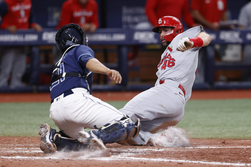 Tampa Bay Rays catcher Francisco Mejia tags out St. Louis Cardinals' Paul Goldschmidt at home during the 10th inning of a baseball game Tuesday, June 7, 2022, in St. Petersburg, Fla. (AP Photo/Scott Audette)