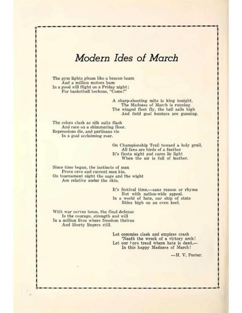 Illinois High School Athletic Association assistant executive secretary Henry V. Porter wrote the poem “Basketball Ides of March”, seen here published in The Athlete as “Modern Ides of March”.