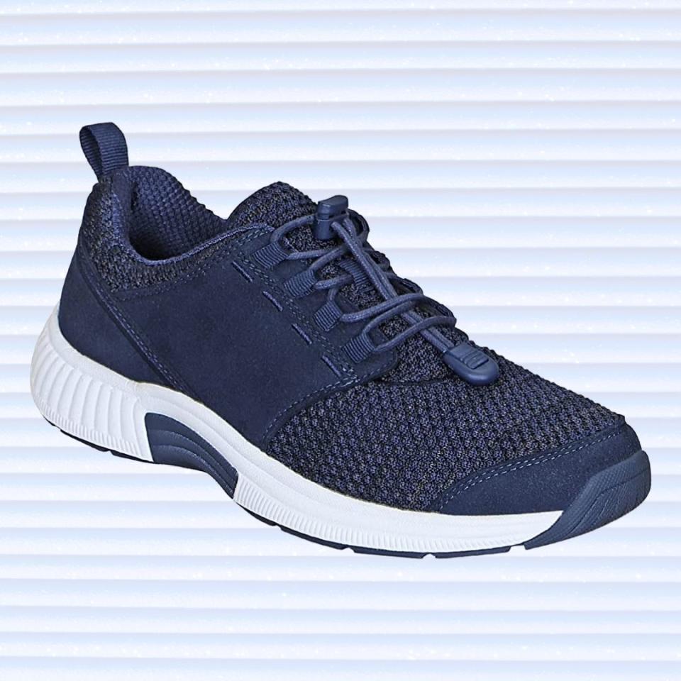 Available in multiple colors, including blue, pink, maroon, gray and black, this walking shoe has a cushioned footbed and orthotic insole designed to help those with various foot conditions such as plantar fasciitis. It also has a roomy toe box for added comfort and bunion and hammertoe relief. 
