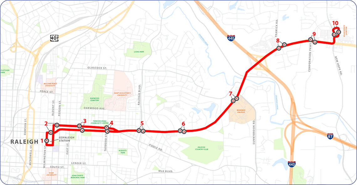 When it opens in late 2025, the New Bern Avenue bus rapid transit line will run about 5.4 miles between downtown Raleigh and a new park-and-ride lot off New Hope Road.