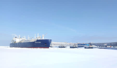 FILE PHOTO: The Christophe de Margerie, a South Korean made ice-class tanker fitted out to transport liquefied natural gas (LNG), is docked in Arctic port of Sabetta, Yamalo-Nenets district, Russia March 30, 2017. REUTERS/Olesya Astakhova/File Photo