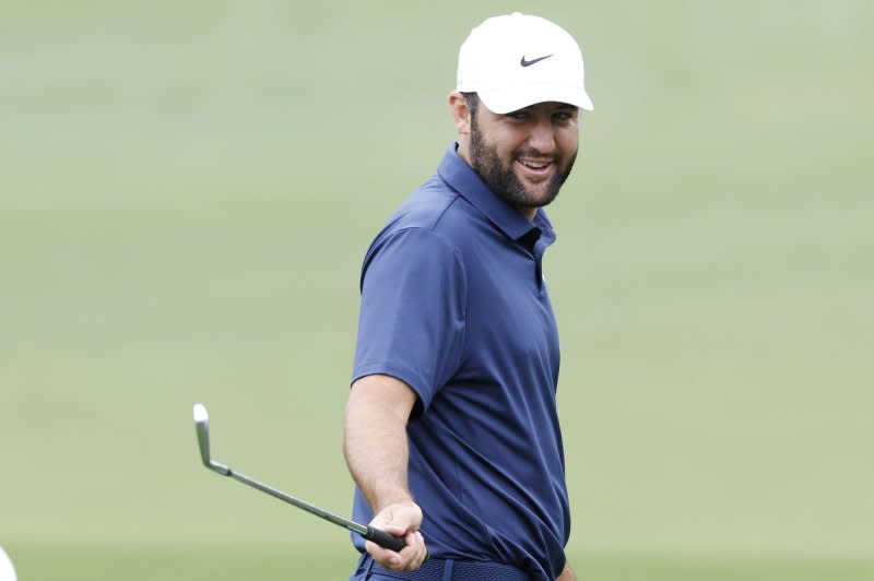 World No. 1 Scottie Scheffler arrives on the practice tee two days before the start of the the Masters Tournament on Tuesday at Augusta National Golf Club in Augusta, Ga. Photo by John Angelillo/UPI