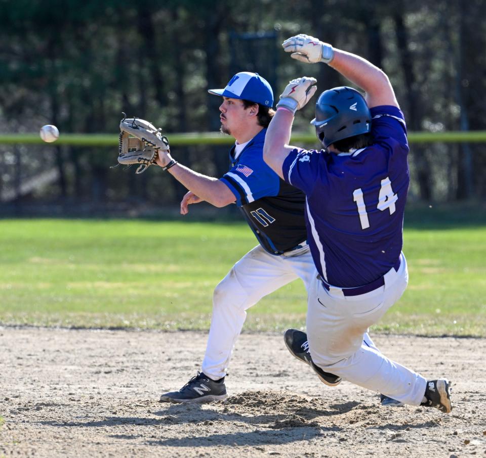 Luca Finton of Bourne goes into second ahead of the throw to Wareham shortstop Isaac Strawn.