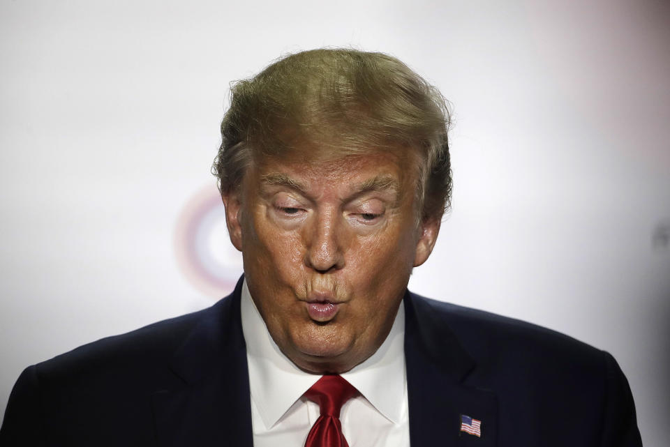 President Donald Trump speaks during a press conference on the third and final day of the G-7 summit in Biarritz, France Monday, Aug. 26, 2019. (AP Photo/Markus Schreiber)