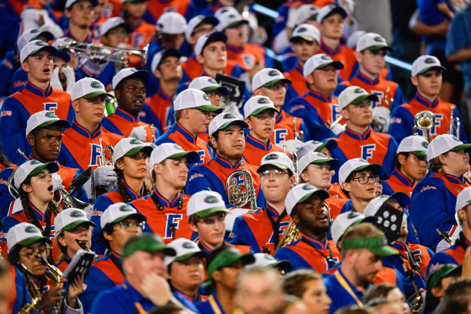 ORLANDO, FL - AUGUST 24: The Gators band watch the game during the second half of the Camping World Kickoff between the Florida Gators and the Miami Hurricanes on August 24, 2019, at Camping World Stadium in Orlando, FL. (Photo by Roy K. Miller/Icon Sportswire via Getty Images)