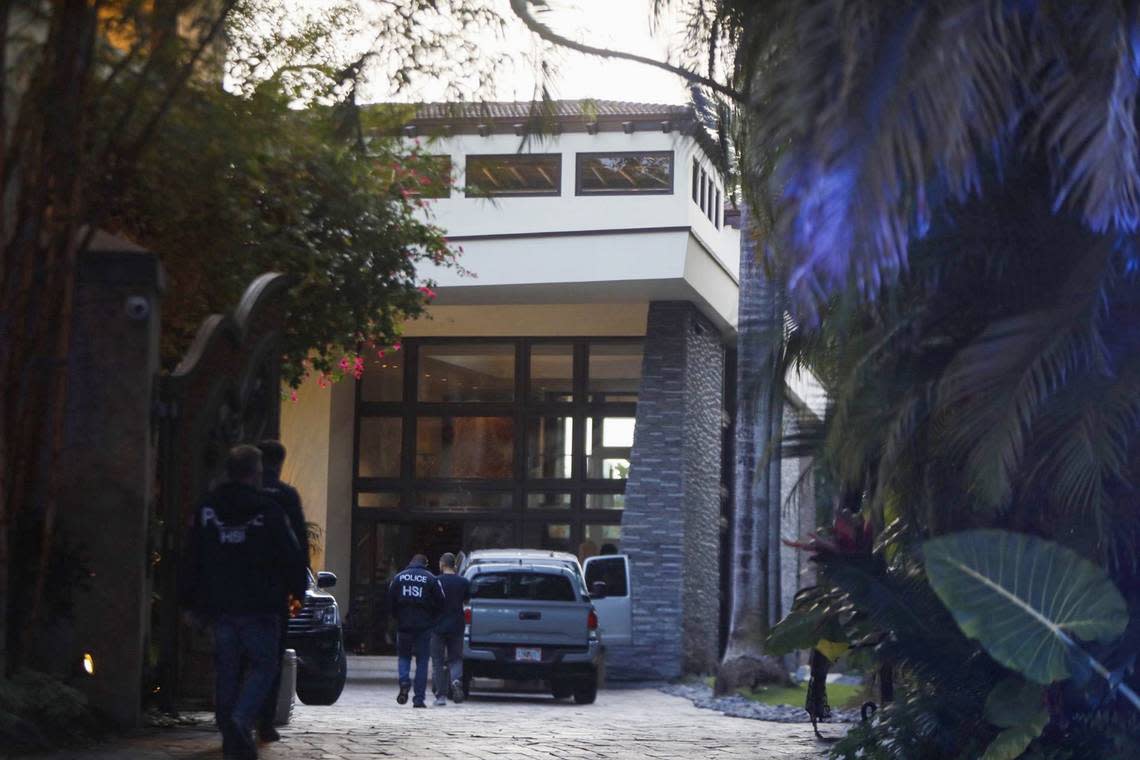 Federal agents outside the two Star Island mansions of Sean ‘Diddy’ Combs on Monday, March 25, 2024, in Miami Beach, Florida. Federal agents raided his two Miami Beach mansions, along with raiding his home in Los Angeles. The raids follow a suit by his ex producer alleging Diddy was engaged in a ‘widespread and dangerous criminal sex trafficking organization