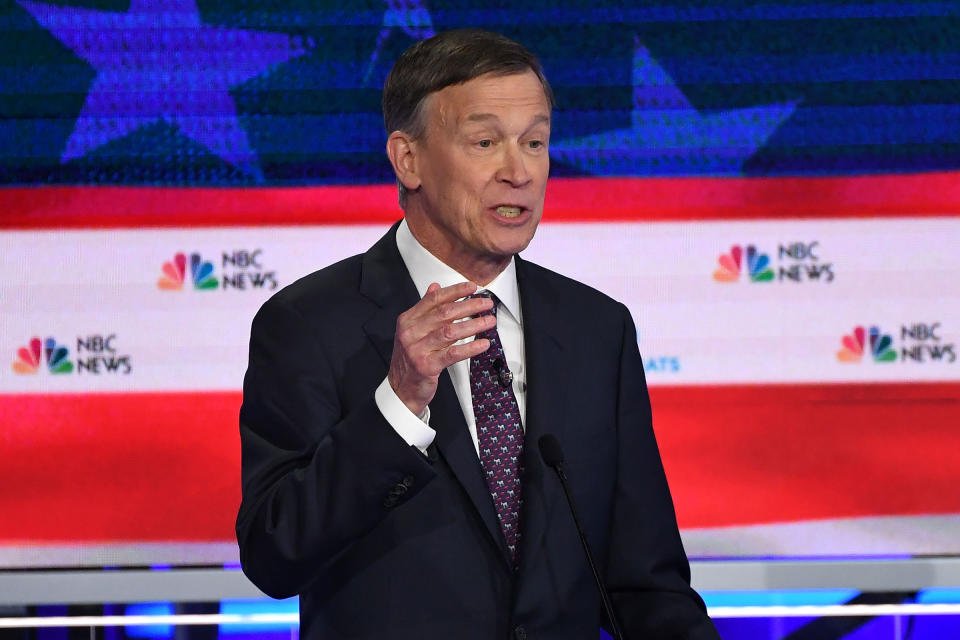 Democratic presidential hopeful former Governor of Colorado John Hickenlooper speaks during the second Democratic primary debate of the 2020 presidential campaign season hosted by NBC News at the Adrienne Arsht Center for the Performing Arts in Miami, Florida, June 27, 2019. | Saul Loeb—AFP/Getty Images