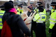 Police officers attempt to detain a protestor and his dog during an anti-COVID-19 lockdown demonstration outside the Houses of Parliament in Westminster, central London on January 6, 2021. - Britain toughened its coronavirus restrictions on Tuesday, with England and Scotland going into lockdown and shutting schools, as surging cases have added to fears of a new virus variant. (Photo by Tolga Akmen / AFP) (Photo by TOLGA AKMEN/AFP via Getty Images)