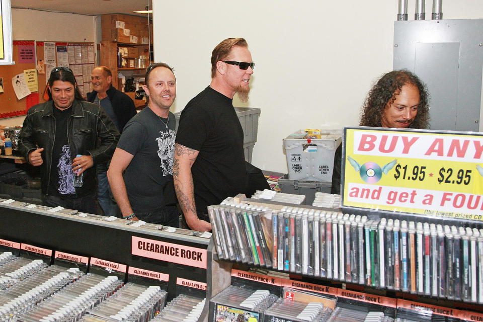 Metallica arrives for an in-store promotional appearance at Rasputin Music store in Mountain View, California, on April 19, 2008.