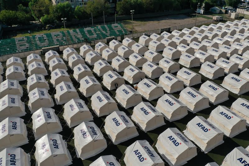 An aerial view shows a tent city set up by AFAD in Izmir