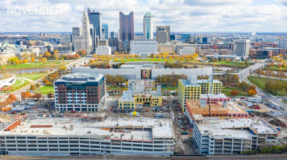 Work on the first six buildings in The Peninsula project is well underway, as shown in this November photo provided by the Columbus Downtown Development Corp.