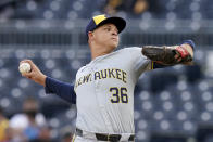 Milwaukee Brewers starting pitcher Tobias Myers delivers during the first inning of the team's baseball game against the Pittsburgh Pirates on Tuesday, April 23, 2024, in Pittsburgh. (AP Photo/Matt Freed)