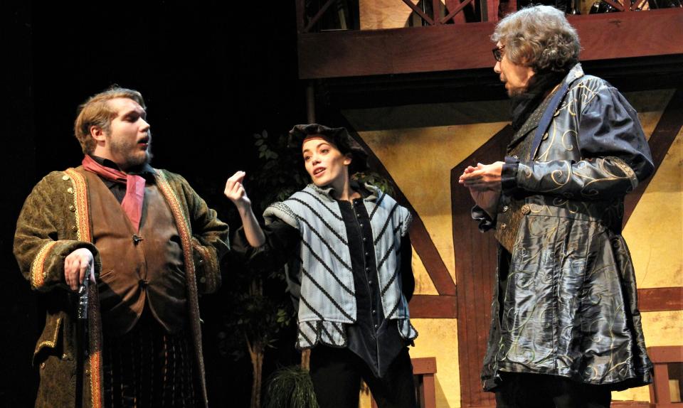 Baptista (David Ainsworth, right) listens to Grumio (Ryan Shupe, left) and Tranio (Ainsley Houghton) in this rehearsal scene from "The Taming of the Shrew," one of two classics by the Bard on stage this weekend f