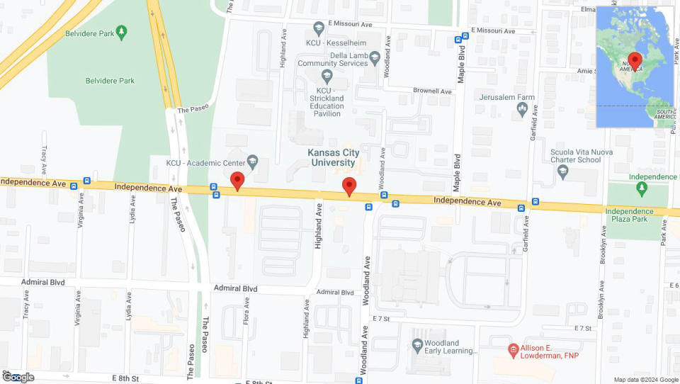 A detailed map that shows the affected road due to 'Kansas City: Independence Avenue/US-24 closed' on July 10th at 8:35 p.m.