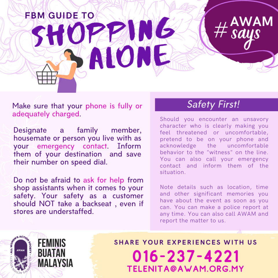 Tips to stay safe when shopping alone. — Picture courtesy of All Women's Action Society (Awam)