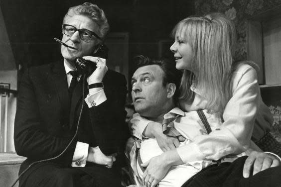 Rehearsals for the play 'There's a Girl In My Soup': (from left) Jon Pertwee, Donald Sinden and Barbara Ferris (ANL/Rex)