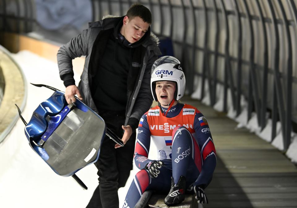 Russia's Yekaterina Katnikova reacts during the team relay race at the Luge World Cup the World Cup luge relay event in Krasnaya Polyana, near the Black Sea resort of Sochi, southern Russia, Sunday, Feb. 16, 2020. (AP Photo/Artur Lebedev)