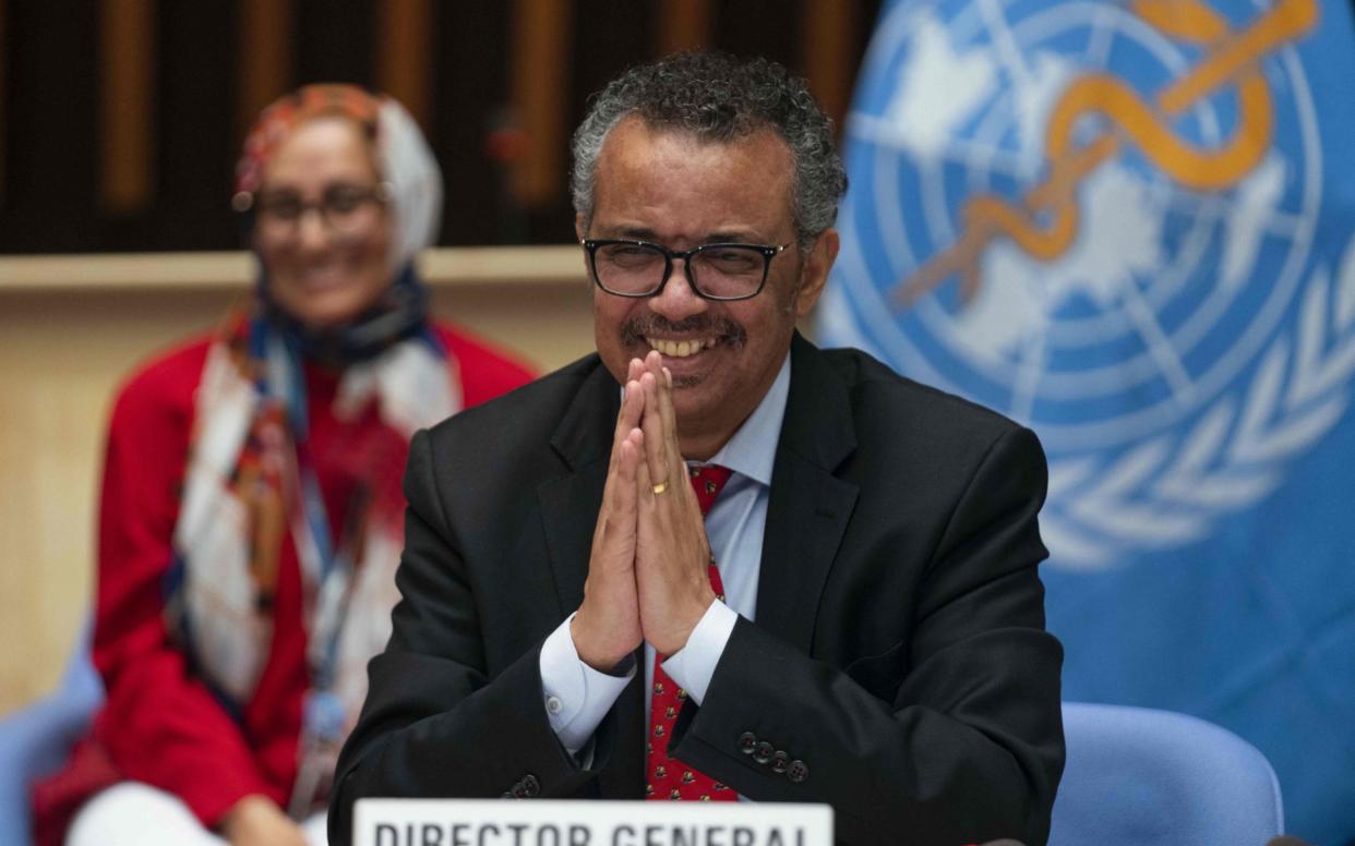 Director-General Tedros Adhanom Ghebreyesus, head of the WHO, during the World Health Assembly last week - CHRISTOPHER BLACK/World Health Organization/AFP