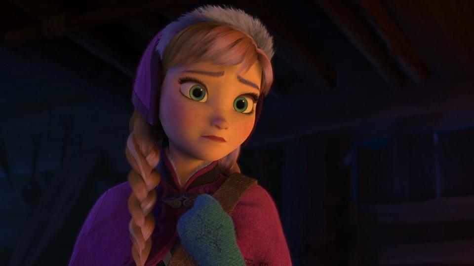 Kristen Bell's Princess Anna in magenta outfit in Frozen