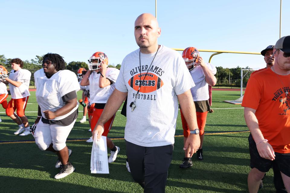 Oliver Ames High School head football coach John Sperrazza during a scrimmage against Whitman-Hanson on Friday, August 30, 2024.