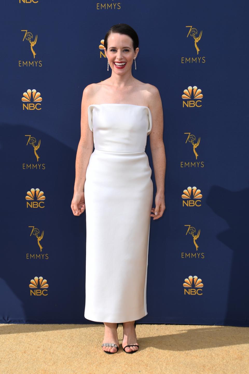 <p>Foy looked elegant in a custom Calvin Klein by Appointment dress. (Photo: Getty Images) </p>