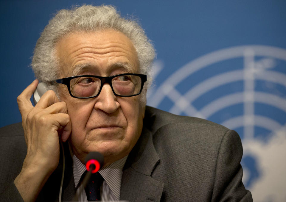 U.N. mediator Lakhdar Brahimi listens during a press briefing at the United Nations headquarters in Geneva, Switzerland, Friday, Jan. 24, 2014. After three days of escalating rhetoric _ and a day spent assiduously avoiding contact within the United Nations _ the two sides will meet “in the same room,” said the U.N. mediator trying to forge an end to the civil war _ or at least a measure of common ground to stem a civil war that has left 130,000 people dead. (AP Photo/Anja Niedringhaus)